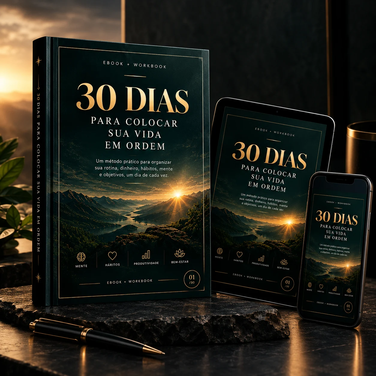 Livro, tablet e celular com o ebook 30 Dias Para Colocar Sua Vida em Ordem